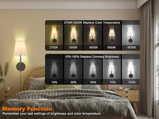 14.1 inch Wall Sconces Set of Two with Remote Control, Dimmable, Adjustable Colors 2700-6500K, Plug in Wall Sconces with White Fabric Shades, Plug in Wall Light, Black