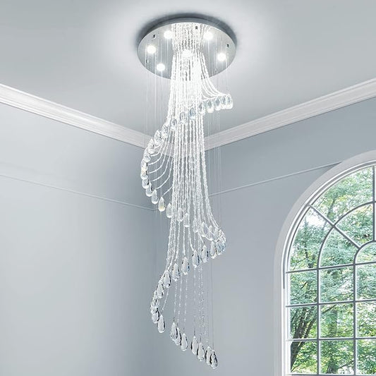 Saint Mossi 7-Lights K9 Crystal Chandelier, Raindrop Chandelier Light Fixture, Modern High Ceiling Lighting, Modern Pendant Light Flush Mount Ceiling Light Fixture,H71 x D24