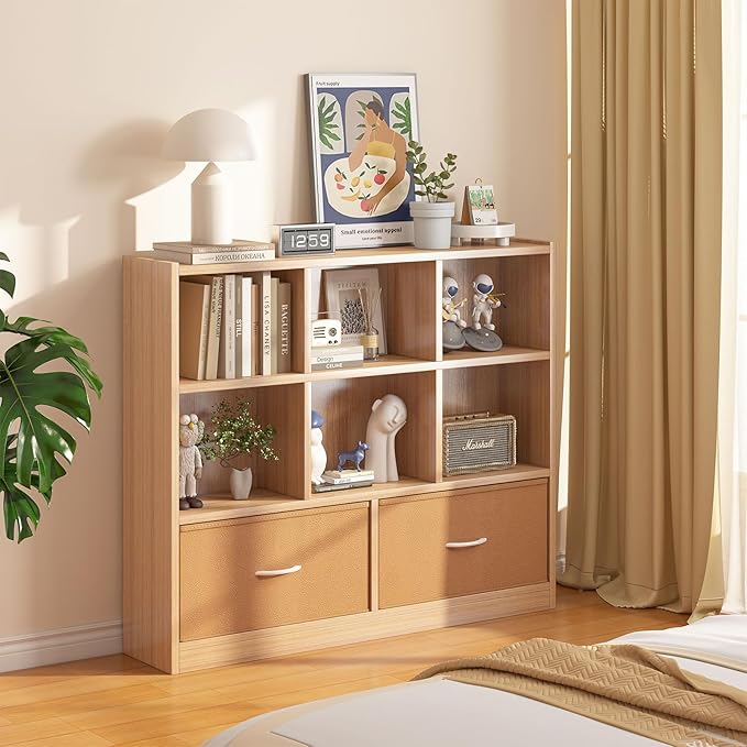 Cube Bookshelf Storage Organizer Bookcase,8 Cube Open Mid-Centur Shelf,Freestanding Display Bookshelve, Modern Wide Toy Shelf with Drawers for Bedroom Living Room Office (Natural)