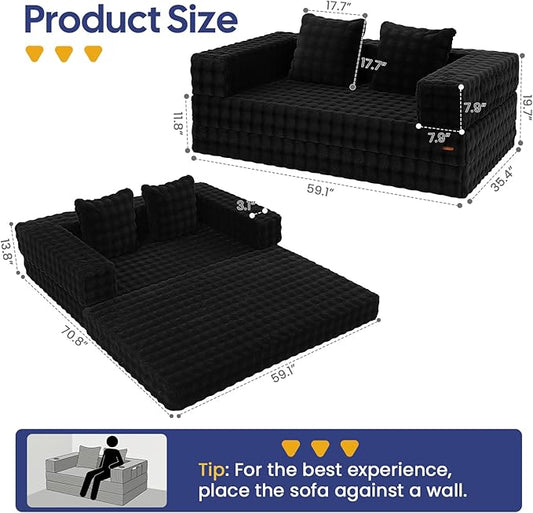 COMAX Futon Sofa Bed, 4‑in‑1 Convertible Sofa Bed, Folding Boneless Couches for Living Room, Fold Out Small Foldable Loveseat Floor Sleeper Comfy Mattress Lounge Space‑Saving, Dark Black | 4-in-1 Convertible, Folding Boneless, Space-Saving, Floor Sleep...