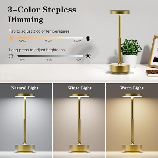 SAKRINGT 2 Pack Rechargeable Cordless Table Lamp - Battery Operated LED Portable Table Light with 3 Color Stepless Dimming, Memory Function - IP54 Waterproof for Outdoor, Restaurant, Patio, Camping