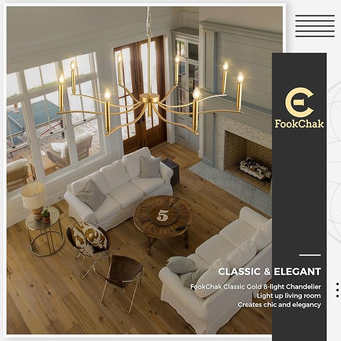 Gold Chandeliers for Dining Room, 8-Light Brass Chandelier Light Fixture Over Table Modern Candle Chandelier 44in Master Bedroom Chandeliers Lighting for Entry Foyer Bathtub Living Room