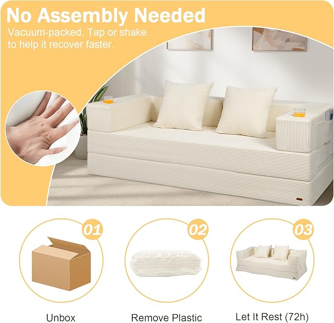 COMAX Boneless Couch, Futon Sofa Bed Couches Versatile Queen for Living Room, 79" 4 in 1 Convertible Sleeper Corduroy Couch Foam in a Box, Foldable Fold Out Floor Mattress No Assembly Required, Beige
