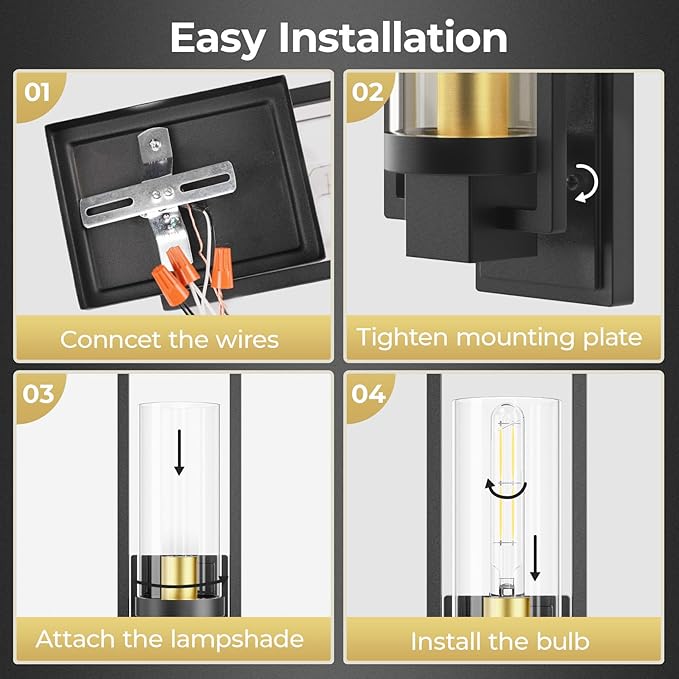 CINOTON Black and Gold Wall Sconces Set of 2, 15" Matte Black Wall Mounted Lamp, Hardwired AC 120V Wall Sconces Vintage Vanity Light Fixtures with Clear Glass, Wall Lights for Living Room, Bedroom