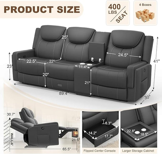 Dresegmt Recliner Sofa, 2 - Way Multi - Function Manual 3 Seater Couch with Cup Holders, Storage & USB Ports, Modern Multifunctional Sofa, Breathable Grey PU Leather Reclining Couch for Living Room