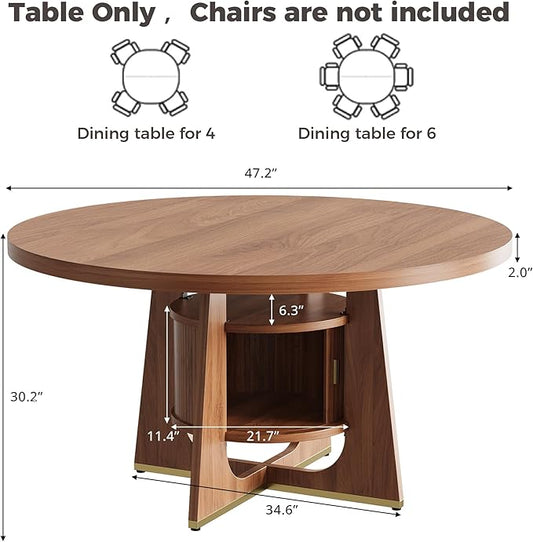 IRONCK 47 Inch Round Dining Table for 4-6 People with Built-in Storage Cabinet, Mid-Century Modern Kitchen Table for Dining Room, Kitchen, Living Room (Walnut)