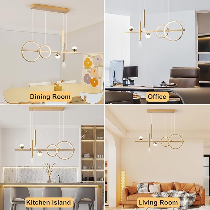 LED Gold Chandeliers for Dining Room, 39in Dimmable Modern Chandelier Gold Pendant Lights for Kitchen Island, Linear Ring Globe Pendant Light Fixtures Dining Room Lights Ceiling Hanging
