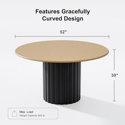 Casaphoria 52" Round Dining Table for 6, Two-Tone Wood Top and Black Pedestal Base, Modern Farmhouse Style, Dining Table Only