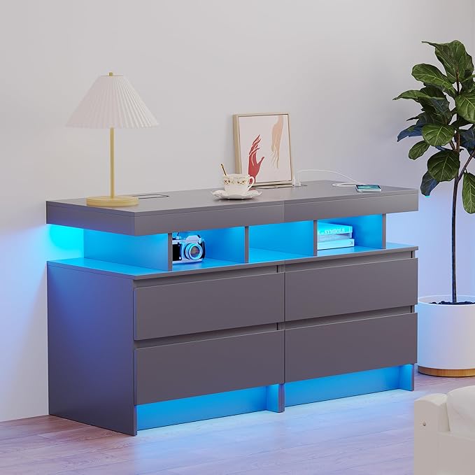 dnbss Nightstand with Charging Station and LED Light, Modern Night Stand with 2 Drawers, Smart Nightstand with USB Ports and Wireless Charger, Bedside Table for Bedroom (Grey)