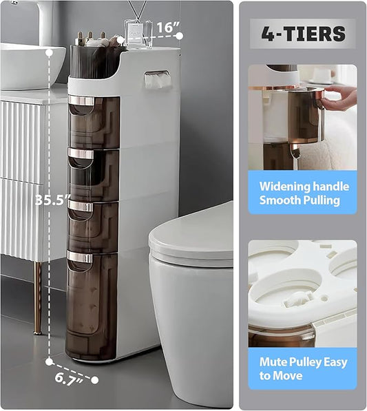 4-Tiers Slim Bathroom Storage Cabinet, Waterproof Narrow Floor Cabinet with Tissue Box and Wheels, Skinny Storage Organizer with Drawers for Small Spaces, Bathroom, Kitchen, Bedroom, 6.7″