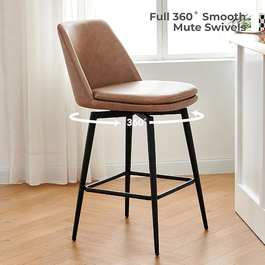 CHITA Swivel Bar Stools, 27.2" Counter Height Bar Stools Set of 4, FSC Certified Upholstered Modern Counter Stools, Metal Legs, Faux Leather, Saddle Brown