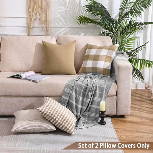 CARRIE HOME Brown Buffalo Check Plaid Couch Pillow Covers 18x18 Set of 2, Neutral Modern Farmhouse Dark Brown Khaki Tan Throw Pillows 18 x 18 for Living Room Sofa (No Pillow Inserts)