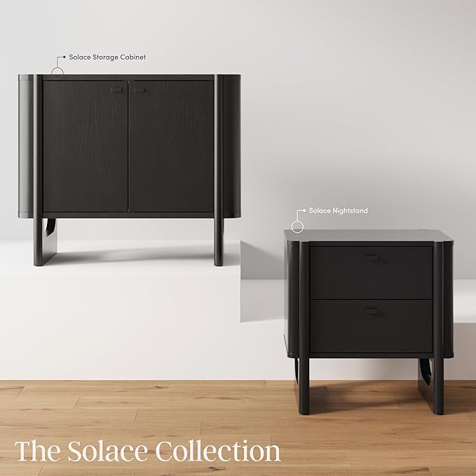Nathan James Solace Mid Century Modern 2 Drawer Nightstand with Solid Wood Frame and Rounded Details, Black Set of 2
