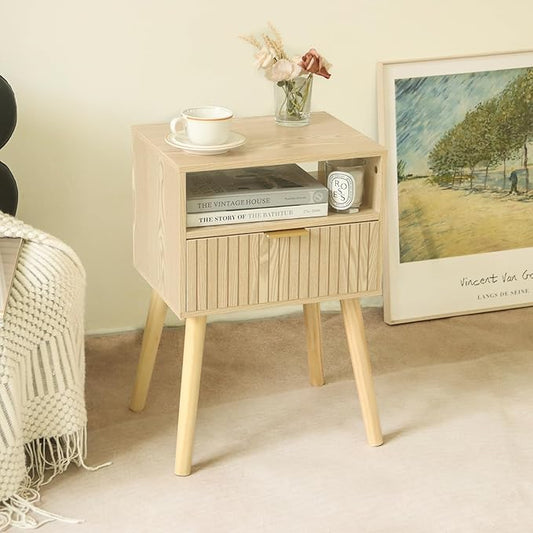 MaxSmeo Small Nightstand Wood Bedside Table with Drawer, Modern End Table for Bedroom and Small Spaces, Solid Wood Legs, Easy Assembly, Natural