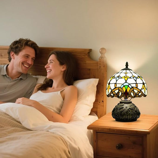 Small Tiffany Table Lamp,Stained Glass Lamp,8 Inch Mushroom Style Mini Vintage Desk Lights for Bedside, Bedroom,Nightstand,Living Room,3 Color Temperature (Baroque)