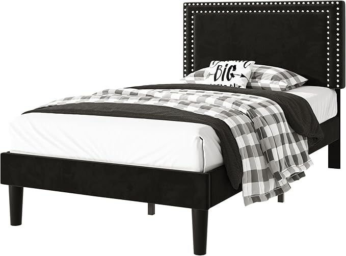 VECELO Twin Size Platform Bed Frame with Adjustable Upholstered Headboard, Nailhead Decor, Strong Wood Slat Support, No Box Spring Needed, Easy Assembly