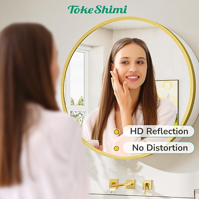 TokeShimi 26x26 Round Medicine Cabinet for Bathroom,Gold White Circle Medicine Cabinet with Mirror Shatterproof,Detachable Shelves,Wall Mounted Only