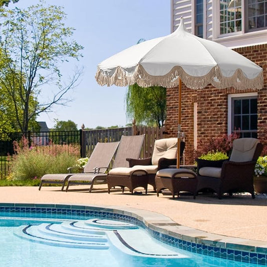 6.5ft Pagoda Beach Umbrella with Fringe, UPF 50+ Boho Umbrellas with Carry Bag, Premium Wood Pole Foldable Tassel Umbrella for Outdoor Garden Lawn Pool Yard Table