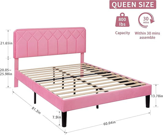 VECELO Queen Size Bed Frame Premium Velvet Upholstered Platform with Height Adjustable Headboard/Mattress Foundation, Solid Wooden Slat Support, No Box Spring Needed/Easy Assembly