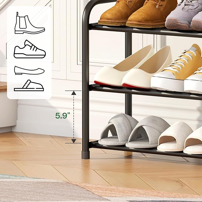 Shoe Rack for Closet, 3-Tier Expandable Closet Shoe Rack Metal Organizer, Heavy Duty Black Shoe Storage Shelf for Entryway, Doorway, Narrow Space