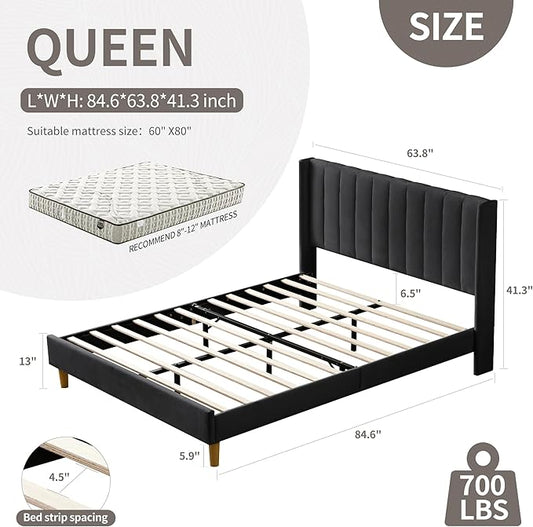 YUHUASHI upholstered Platform Bed Frame/Queen Bed Frame/Modern Geometric Double-Wing Design headboard/Linen Fabric/Easy to Assemble no Noise (Black, Queen (U.S. Standard))