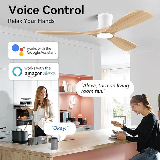 Smart 52” Wood Flush Mount Ceiling Fans with Lights and Remote,Quiet DC Motor,Outdoor Indoor Ultra Low Profile Ceiling Fan works with Alexa WIFI APP,Modern White Ceiling Fan for Bedroom Patio