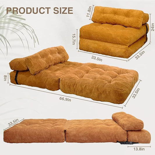 Folding Sofa Bed, Folding Chair Bed with Pillow, Convertible Lazy Sofa Bed with High-Density Support Foam, Fold Out Chair for Small Spaces Living Room Bedroom, Orange