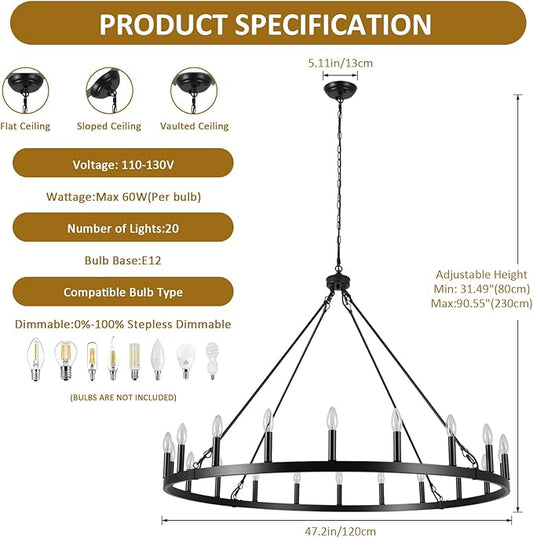 47.2 inches Black Wagon Wheel Chandelier- 20 Light Large Farmhouse Chandelier Industrial Rustic Dining Room Light Fixture Round High Ceiling Pendant Light for Living Room Entryway Foyer