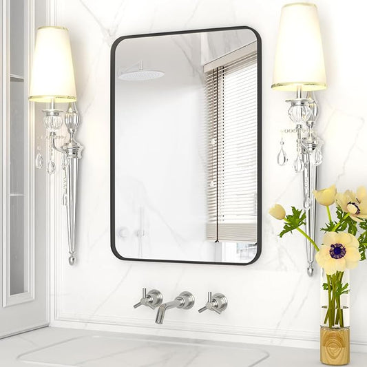 Manocorro Bathroom Mirror for Wall, 20 x 28 Inch Black Rectangular Mirror with Aluminum Alloy Frame, Rounded Corner Hanging Mirror Decor for Entryway, Bedroom, Living Room