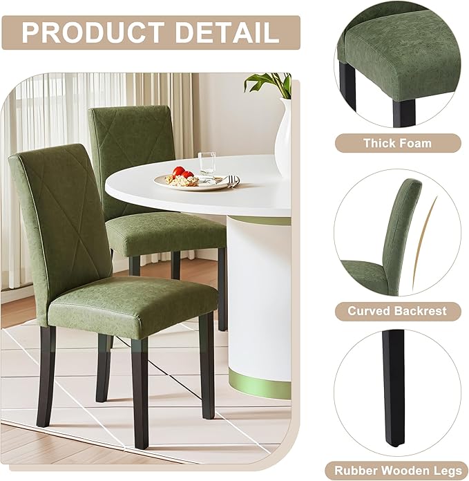 VECELO Upholstered Dining Chairs Set of 2, Modern PU Leather and Solid Wood Legs & High Back for Kitchen/Living Room- Green