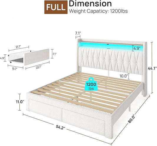 Rolanstar Full Bed Frame with Drawers, Storage Headboard with Charging Station and LED Lights, Upholstered Bed with Heavy Duty Wood Slats, No Box Spring Needed, Noise Free, Easy Assembly, Beige
