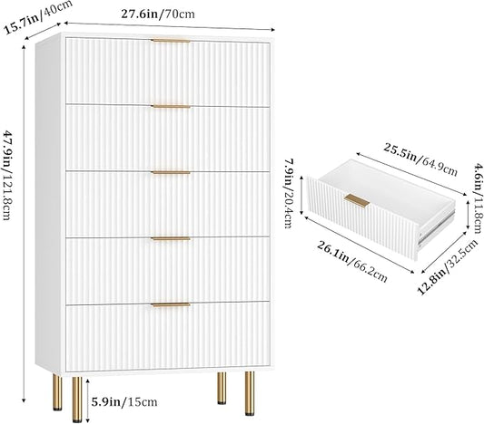 GAOMON 5 Drawer Dresser,Fluted Dresser for Bedroom,47.9" Tall Dressers Chest of Drawers,Wood Tall Dressers with Metal Handle for Closet, Living Room, Entryway