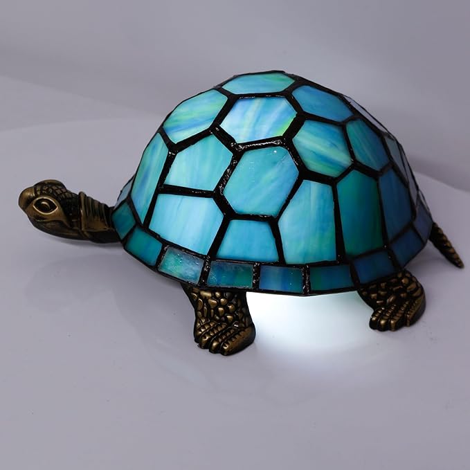 Tiffany Tortoise Lamp Small Stained Glass Turtle Desk Lamp 8X5X4 Inch Animal Antique Accent Table Light (Blue Green Turtle)