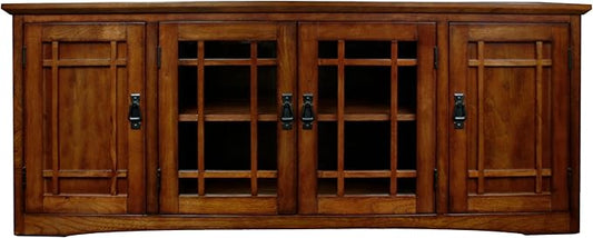 Leick Home 82360 Solid Wood Mission Oak Four Door TV Stand For 65" TVs Universal TV Console Living Room Storage Shelves Entertainment Center, Mission Oak