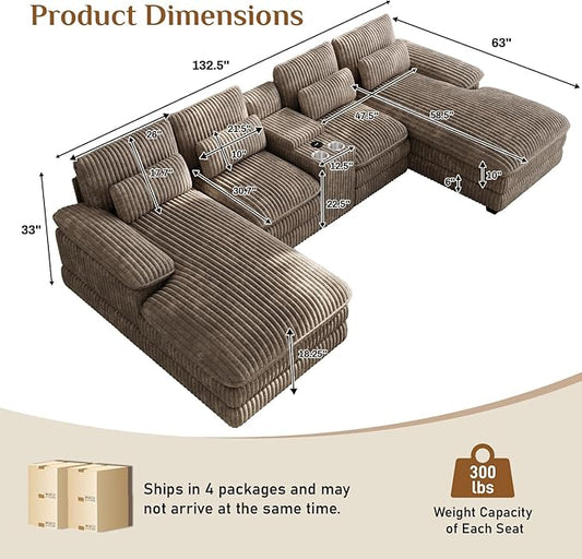 133" Oversized U Shaped Cloud Couch Modular Sectional Couches for Living Room Comfy Corduroy Deep Seat Sofa Set with Double Chaise Lounge, Storage Central Console, Cup Holders, USB Port, Brown