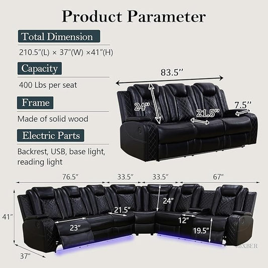 Power Recliner Sectional Sofa Set, Black Leather Sectional Couch and 3 Seater Sofa for Living Room, L Shape Reclining Sofa with Cup Holder, Hidden Storage, Coffee Table for House(9 Seat)