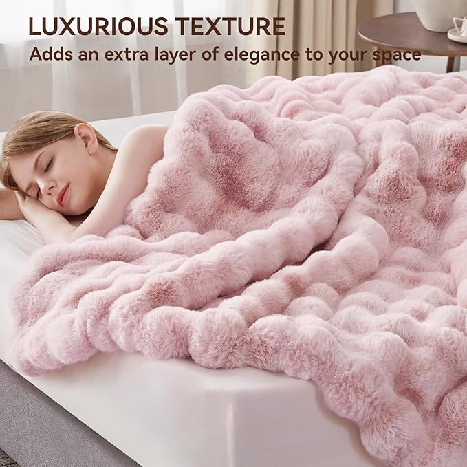 Faux Fur Throw Blanket, 1000GSM Fluffy Soft Bubble Blanket for Couch Bed, Cozy Plush Warm and Thick Blanket, Fuzzy Rabbit Throw for Living Room Bedroom 90''*104'' Pink