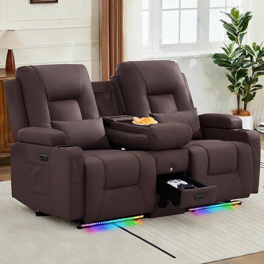 URRED Power Loveseat Recliner Sofa with Console, Wall Hugger Reclining Loveseat RV Couch with LED Light, 150° Zero Gravity Recliners Modular Couches for Living Room (Dark Brown, 68.1'' - 2 Seats)