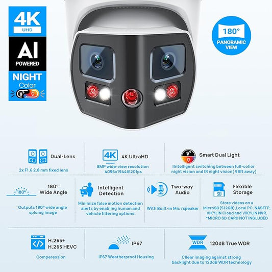VIKYLIN 4K 8MP Dual Lens Poe IP Security Camera Outdoor with 180° Panoramic Wide Angle, Full Color/EXIR2.0 Night Vision,Human/Vehicle Detection,2-Way Talk, Micro SD(512G),IP67,Blue Iris,NDAA Compliant