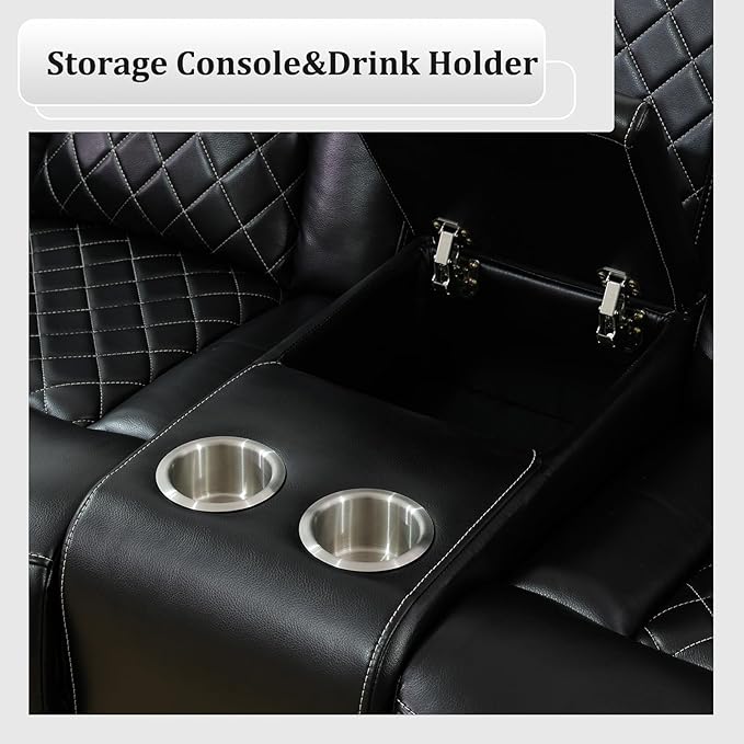 Power Recliner Sectional Sofa with LED, Breathing Leather Reclining Sectional Couch, L Shaped Couch with Dual Recliners, USB Port, Cup Holder&Storage for Living Room (Black)