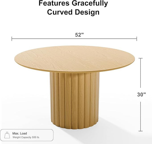 Casaphoria 52" Round Dining Table, Modern Wood Kitchen Table with Cylindrical Wide Bar Protruding Base for Living Room & Dining Room, Easy Assembly Farmhouse Furniture for 4-6, Oak