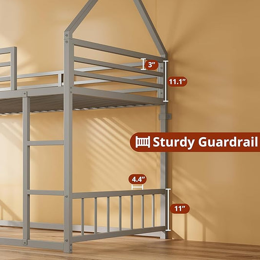 LIKIMIO Bunk Bed Twin Over Twin, House Bunk Bed Frame with Ladder and Guardrail, House Shaped with Metal Slats for Dormitory and Bedroom, Space Saving, No Box Spring Needed, Grey