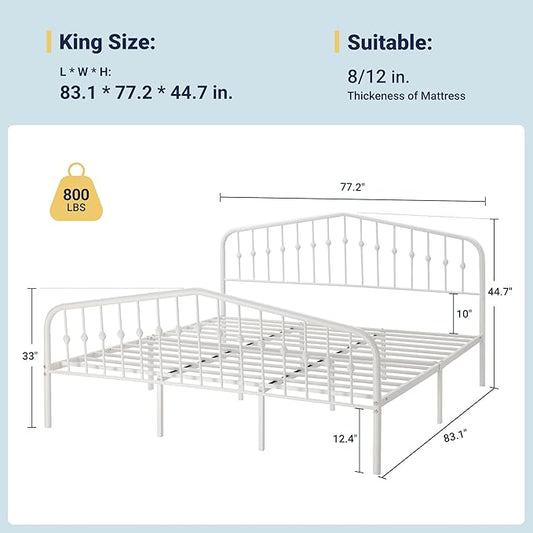 Allewie King Size Metal Platform Bed Frame with Vintage Headboard and Footboard, No Box Spring Needed, Easy Assembly, White