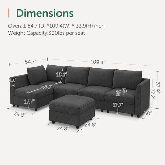 HONBAY Modular Sectional Couch L Shaped Sectional Sofa with Storage, Convertible Couches for Living Room - Snowflake Velvet Grey