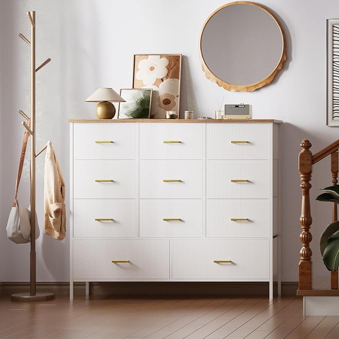 Wide TV Stand Modern TV Console, 11 Drawers Tall Dresser for Bedroom, Fabric Storage Cabinet, Chest of Drawers for Closet, Nursery, Living Room(White)