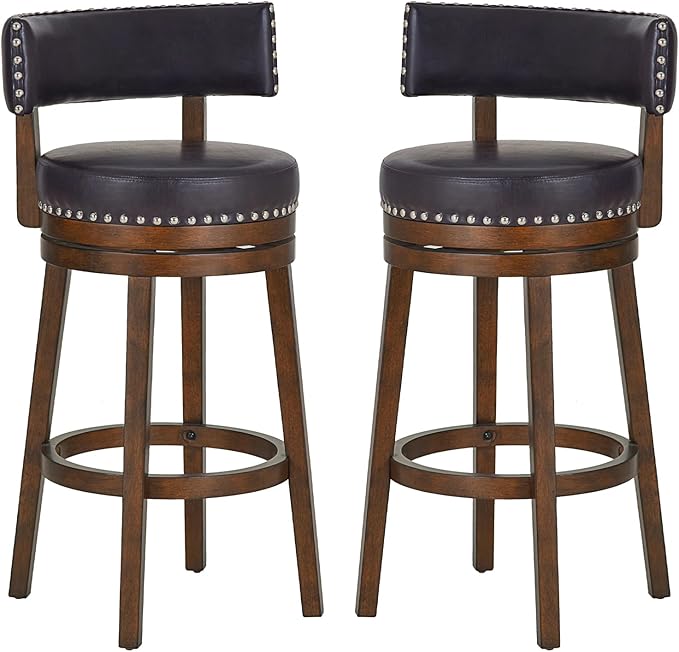 COLAMY Swivel Bar Stools Set of 2, 30 Inch Swivel Bar Height Bar Chairs, Modern Upholstered Wood Barstools with Back for Kitchen Island Dining Room, Dark Brown
