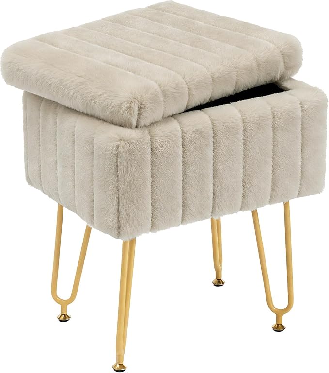 DUMOS Vanity Stool Chair with Storage, Small Ottoman Faux Fur Soft Padded Footstools Seat with 4 Metal Legs Anti-Slip Adjustable Feet Modern Footrest for Home Entryway Bedroom Makeup Camel