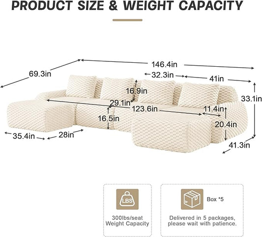KEIKI 146" Oversized 4-Seater Boneless Couches for Living Room, Ultra Soft Modular Sectional Velvet Sofa U-Shaped, Deep Seat Cloud Comfort No Assembly Lounge Couch, Modern Comfort Design, Cream
