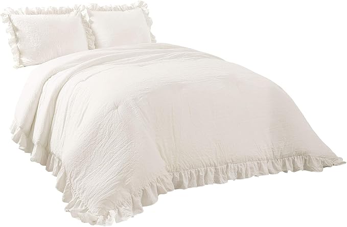 Lush Decor Reyna Ruffle Comforter Set - 3 Piece Cozy Ruffled Bedding Set - Timeless Elegance and Comfort for Bedroom - King, White