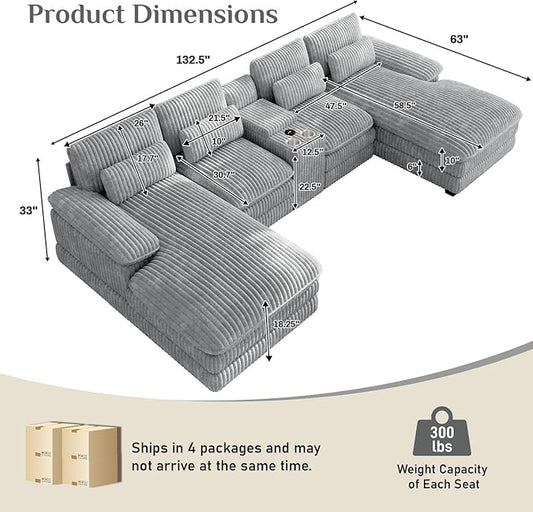 133" Oversized U Shaped Cloud Couch Modular Sectional Couches for Living Room Comfy Corduroy Deep Seat Sofa Set with Double Chaise Lounge, Storage Central Console, Cup Holders, USB Port, Grey